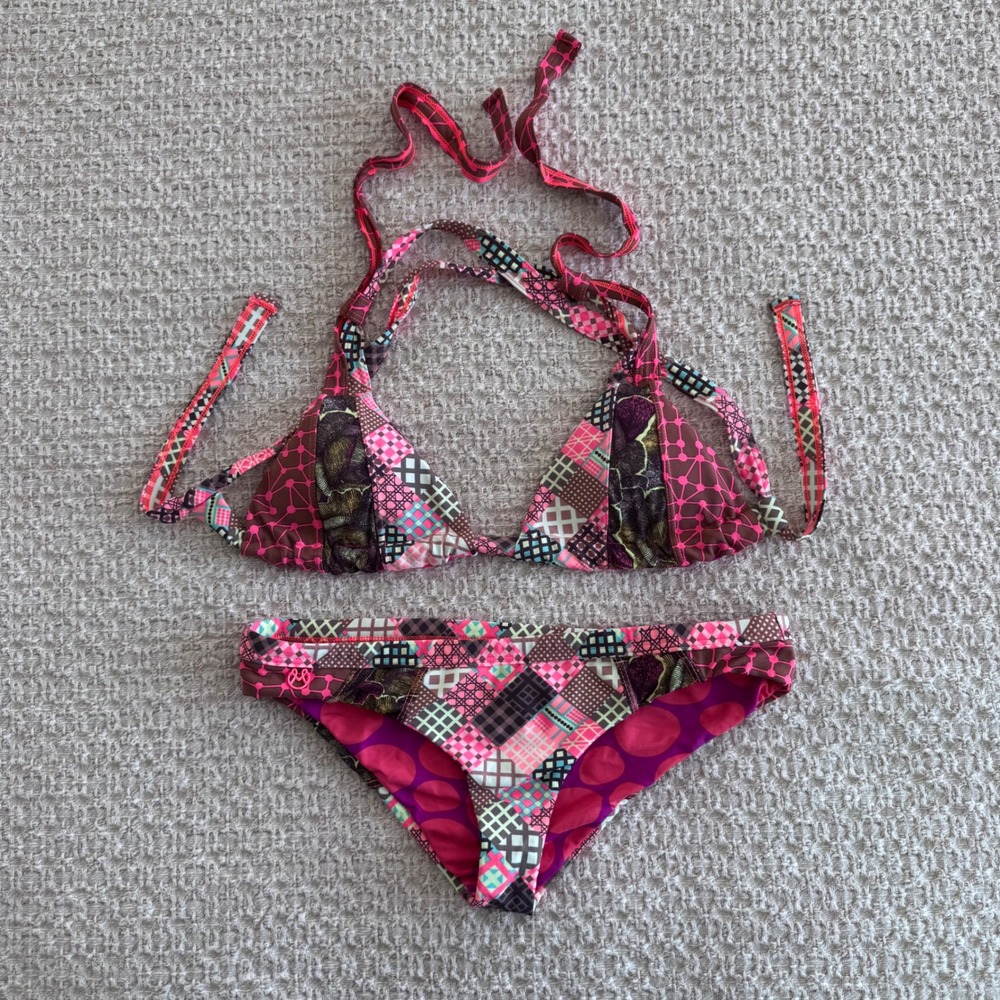 Maaji Reversible Bikini Set Pink Purple Patchwork Polka Dot Top M Bottom L